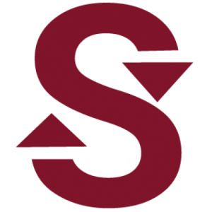 The syncrosim Logo: a large S coloured in deep red with arrows on the ends of the S lettering implying a cycle or cyclical loop